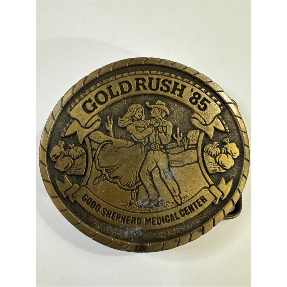 Vintage 1985 Gold Rush Belt Buckle Good Shepherd Medical Ctr Longview TX Brass